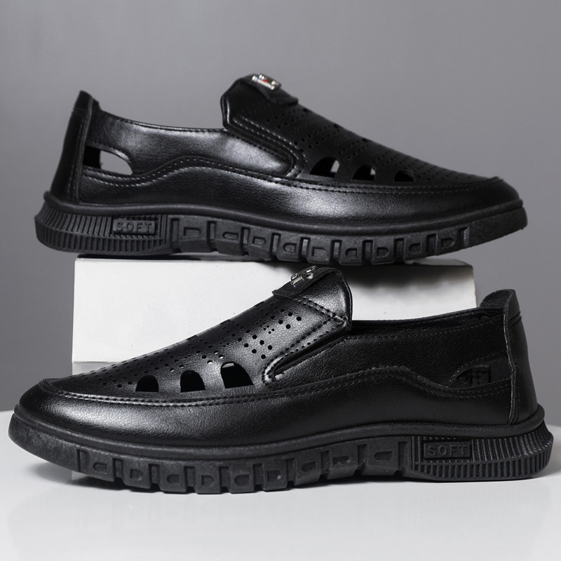 Estilo caliente 2025 primavera y verano sandalias de hombre, fondo suave transpirable, sandalias de cuero huecas antideslizantes para padres de mediana edad y ancianos