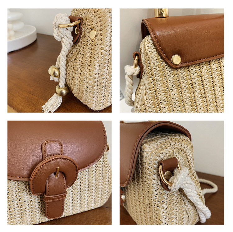 Pu Leather Lining Material Women's Medium Straw Color Block Vacation Beach Weave Square Lock Clasp Straw Bag