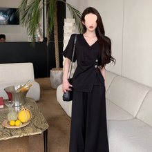 大码时尚感套装女夏季气质赫本风上衣胖MM显瘦阔腿裤子两件套