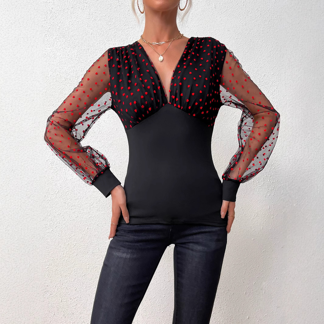 Camiseta superior de las mujeres europeas y americanas que basa la camisa con cuello en V manga larga sexy amor malla parte superior del cuerpo