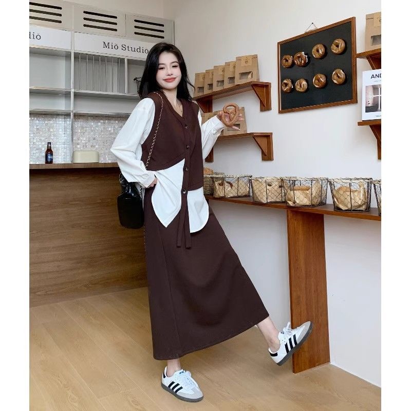 大码女装早秋穿搭套装2025遮肚显瘦假两件上衣A字半身长裙两件套|undefined