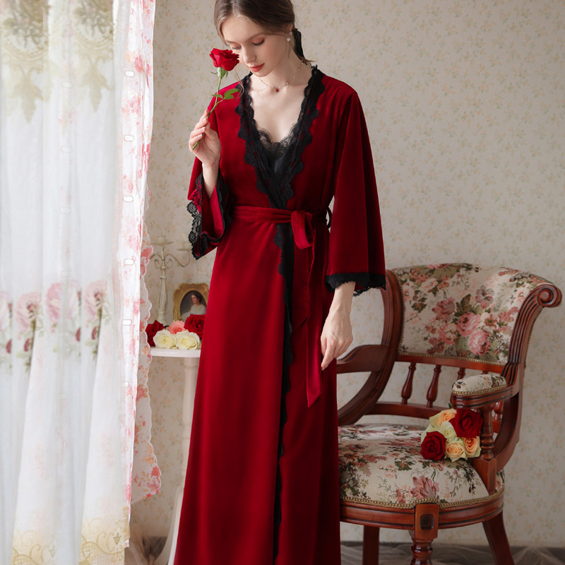 Red Dressing Gown Female Bride Wedding Pajamas Sexy Nightgown Two-Piece Set Spring Autumn Winter Bridesmaid Velvet Suspender Nightgown