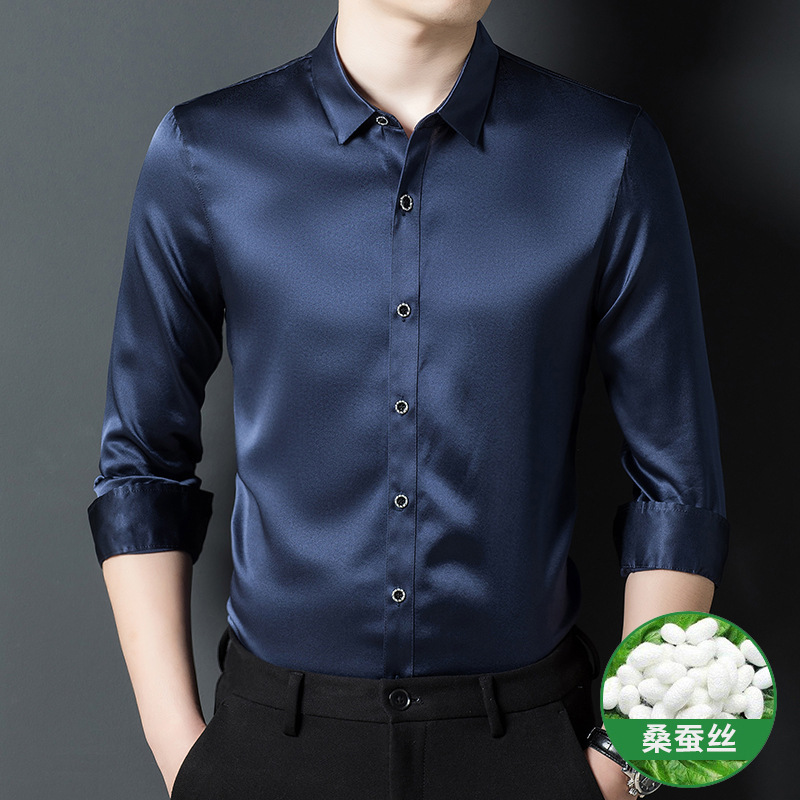 High quality mulberry silk long-sleeved shirt men's spring and autumn high-end business casual solid color non-ironing men's shirt