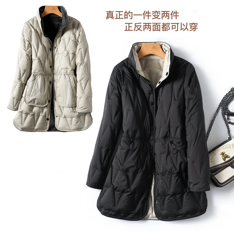 Cross-border Autumn and Winter New Down Jacket Women's Mid-length Lightweight Color-matching Two-sided Wearing Pressing Glue Collar White Duck Down Jacket Trendy
