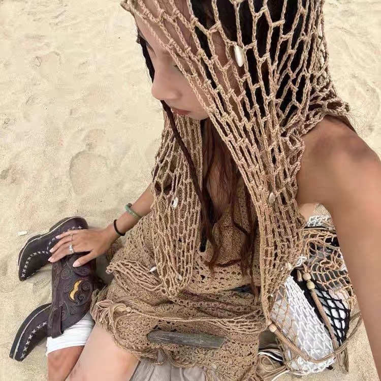 Hippie Wasteland Style Bohemian Hand-Crocheted Fishnet Shell Beach Triangle Shawl Headscarf Personalized Multifunctional Headscarf for Women