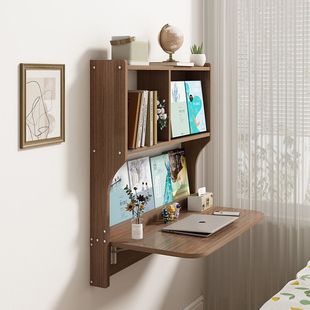 Folding Table Solid Wood Suspended Wall-Mounted Study Table Small Apartment Bedside Desk Bookcase Integrated Cp