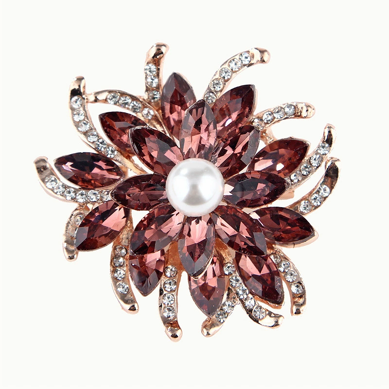 Floral brooch pin, stone inlay with imitation pearl and crystal accents, Korean style