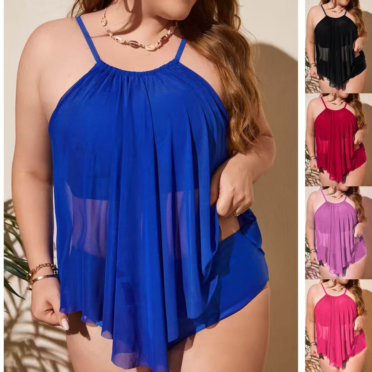 European and American Plus-Size Women's Two-Piece Swimsuit with Mesh Cover-Up, Loose and Breathable Tankini, Cross-Border Two-Piece Swimsuit
