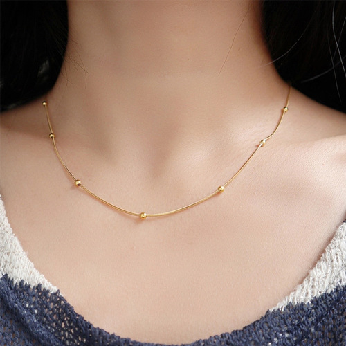 Korean Version Elegant 18K Gold Beaded Snake Chain with Gold Bead Lock Necklace for Women Short Style Personality Gift