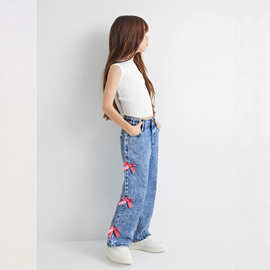 秋冬童装粉色蝴蝶结装饰甜美可爱松紧腰裤头洗水柔软女童牛仔长裤