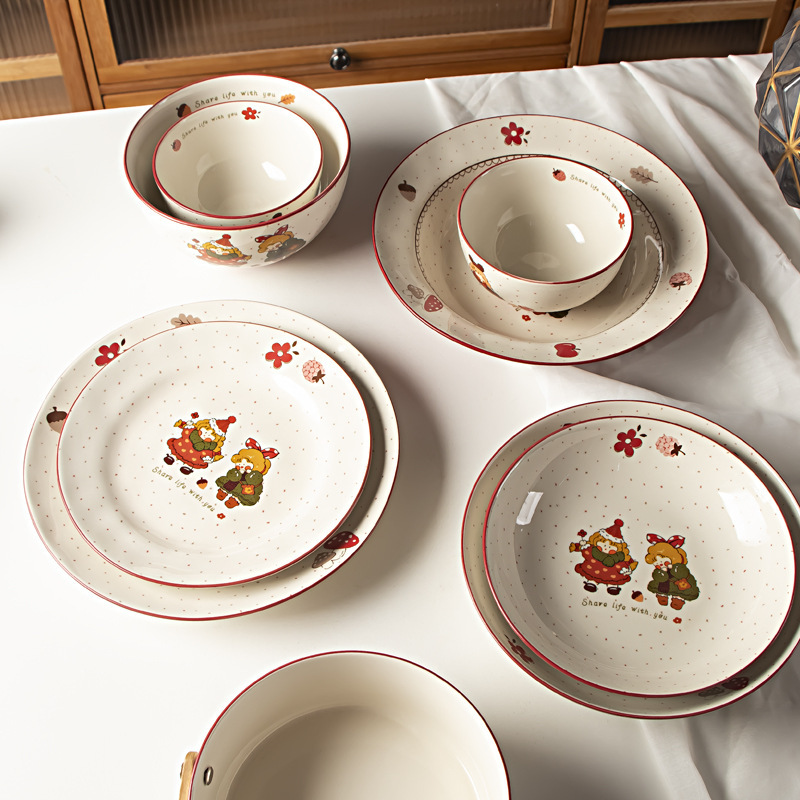 Cute Cartoon Ceramic Bowl Household Ceramic Polka Dot Danish Girl's Rice Bowl High-Value Dishes and Dish suit Dinner Plate