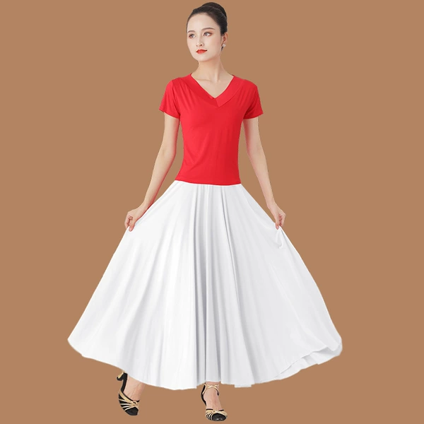 Red T-shirt, white long skirt, with short sleeve