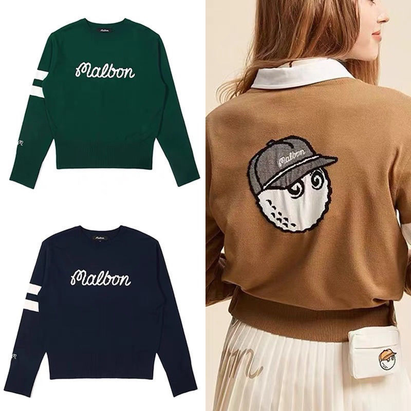 Korean Women's Golf Round Neck Jacquard Medium Thick Spring and Autumn Long Sleeve Base Golf Knit Versatile