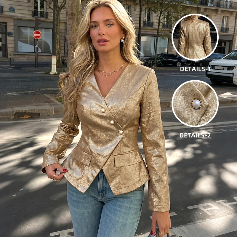 【Baifen Clothing】Tiktok 2026 New Style Elegant Retro-Style Gold V-Neck Slim-Fit Long-Sleeve Blazer