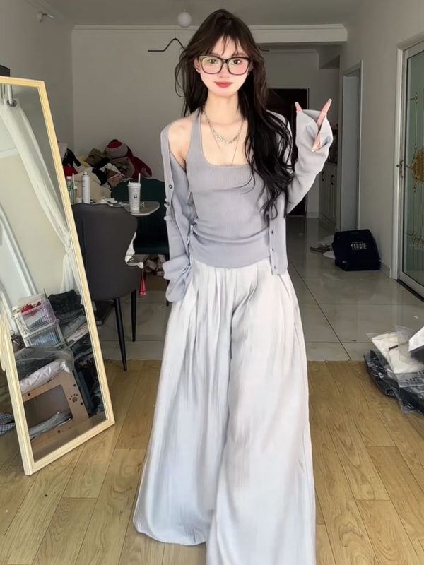 早秋新款韩系针织开衫外套女秋长袖薄款挂脖背心紫色设计感套装|undefined