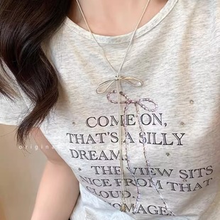 Silver Bow Pull Necklace for Women, Simple Ins Cool Style Long Accessories, Korean Fashion Elegant Clavicle Chain
