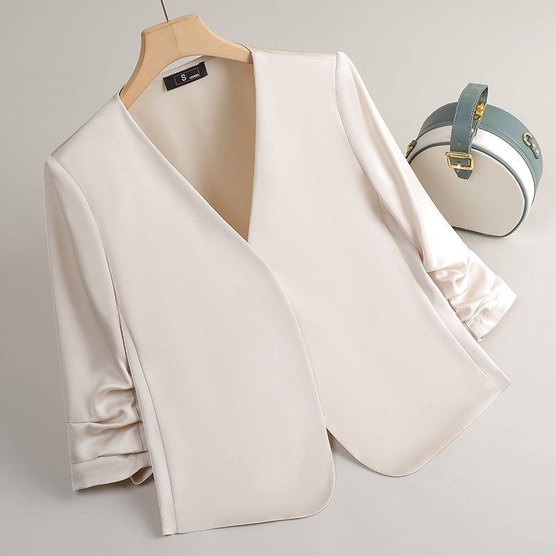 New Chinese Acetic Acid Satin Small Suit Jacket Women's Spring and Autumn New Simple Elegant Collarless Seven-point Sleeve Short Top