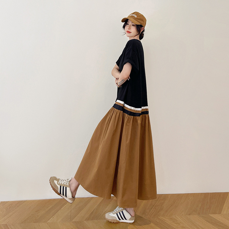 Cat-6435 # Summer New Style/Large Size Loose Long Design Splicing Webbing Color Block Skirt Short-Sleeved Dress