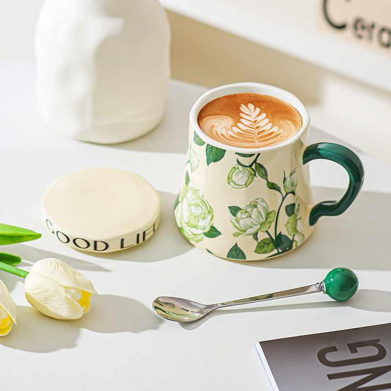 Taza de agua de cerámica de orquídea de campana, taza de café de gran capacidad, taza de desayuno con tapa de diseño, taza de café