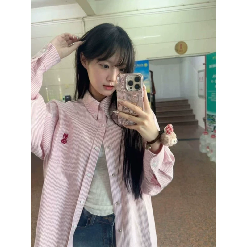 Корейская сладкая розовая полосатая рубашка женская весенне-осенняя тонкая куртка нишевые дизайнерские чувства топ с длинными рукавами рубашка