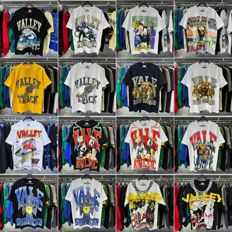 Cross-Border Summer American Trendy Brand Vale Valley Direct Spray Printing High-Quality Double Yarn Pure Cotton Short-Sleeved T-Shirt for Men and Women