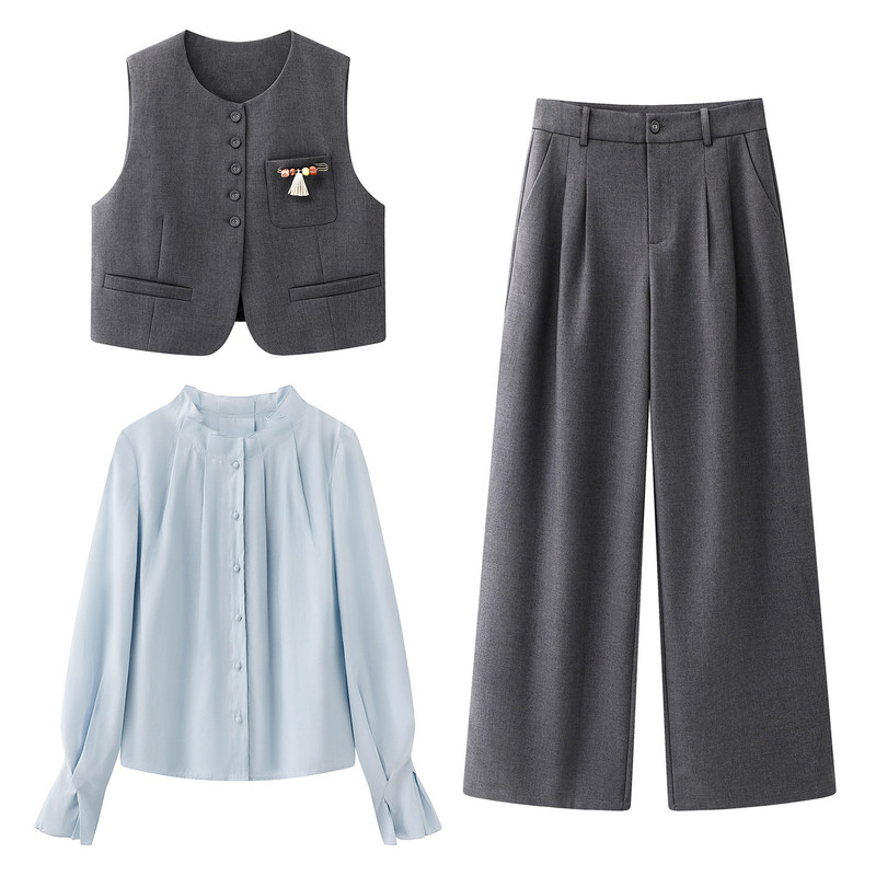 Commuting Gray Suit Set for Women 2026 Spring New Style Complete Set with a High-End Feel: Vest, Shirt, and Pants A96C074A Commuting Gray Suit Set for Women 2026 Spring New Style Complete Set with a High-End Feel: Vest, Shirt, and Pants A96C074A