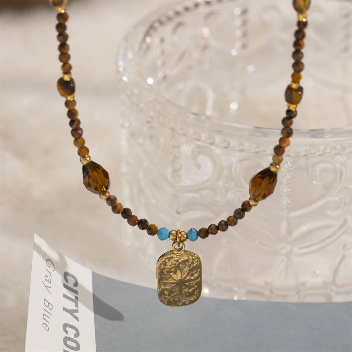 Taena collar de acero inoxidable europeo y americano apilado collar de cuentas de piedra natural de alta calidad joyería europea y americana transfronteriza al por mayor femenina