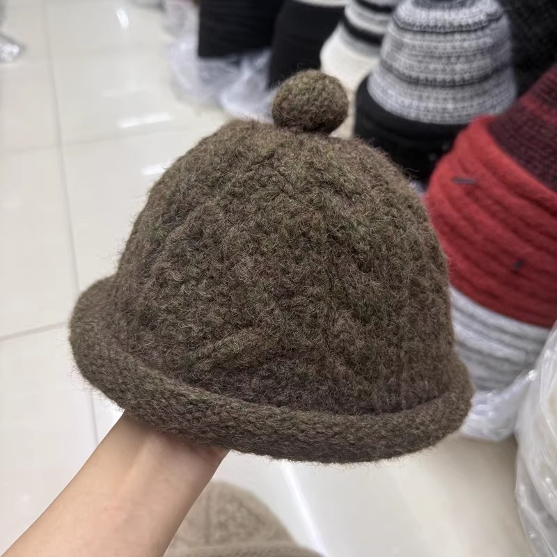 可爱减龄小毛球纯色麻花针织毛线帽子女秋冬保暖卷边针织帽地主帽|undefined
