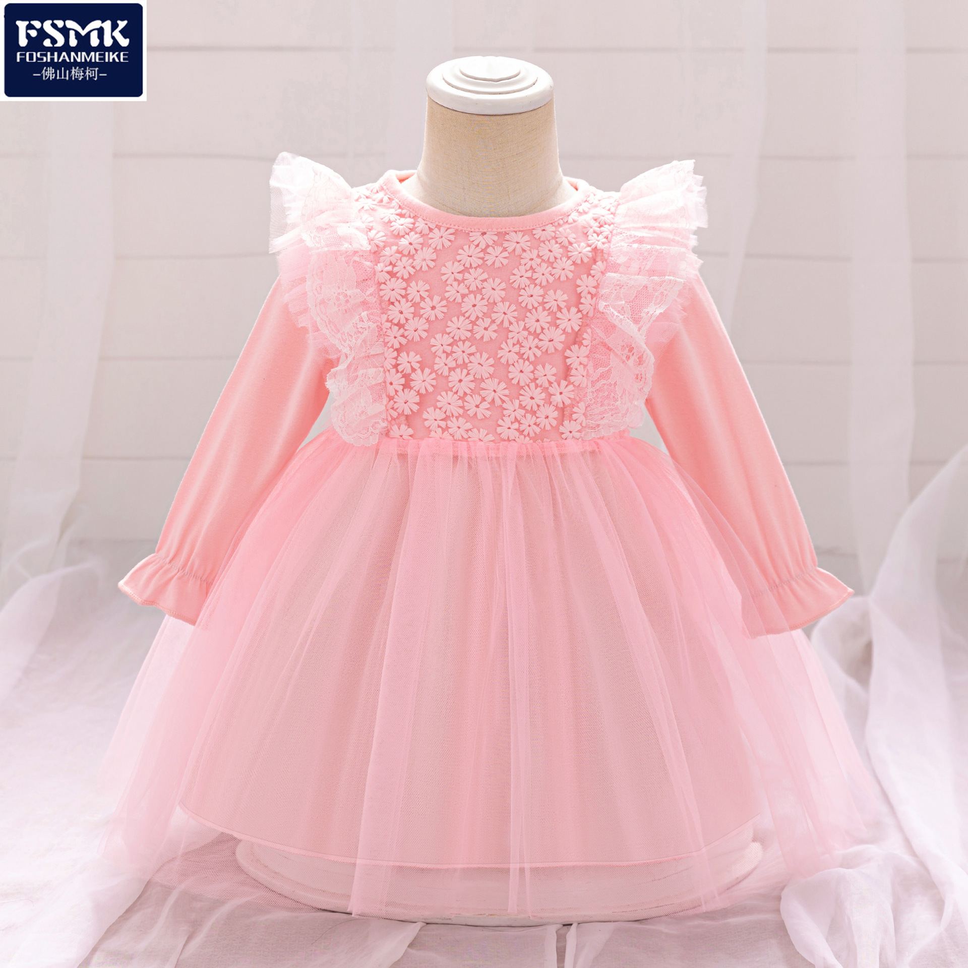 Europa y América de moda nuevo vestido de bebé de manga larga tela de malla empalmado vestido de niña de luna llena vestido de princesa rosa