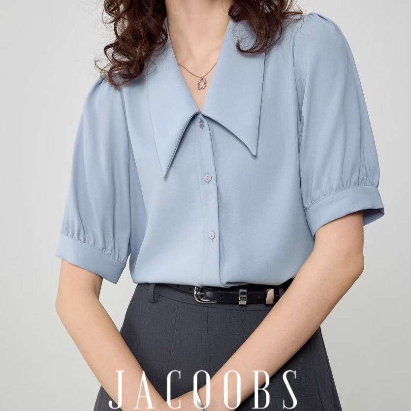Áo sơ mi nữ cổ nhọn tay ngắn chất liệu chiffon phong cách Pháp — màu đen, xanh lam, màu trắng