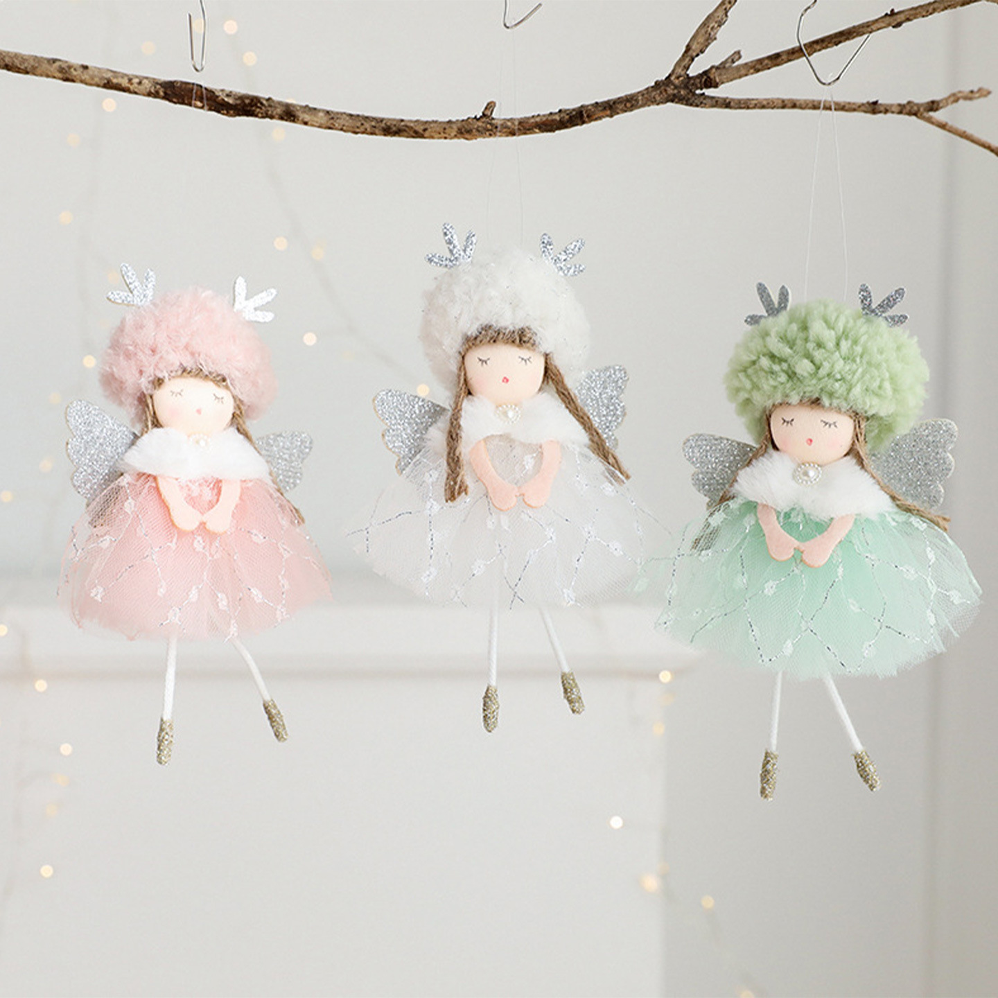 Enchanting Angel Girl Christmas Ornament – Fluffy Tulle Skirt & Antler Wings For Festive Tree Decor (Green/White/Pink)_voghion.com
