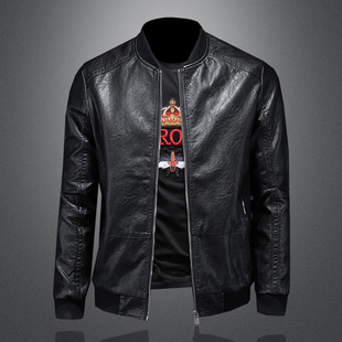 2024 Spring and Autumn New Men's Stand Collar Motorcycle Leather Jacket Black Slim Trendy Men's Leather Jacket 8096