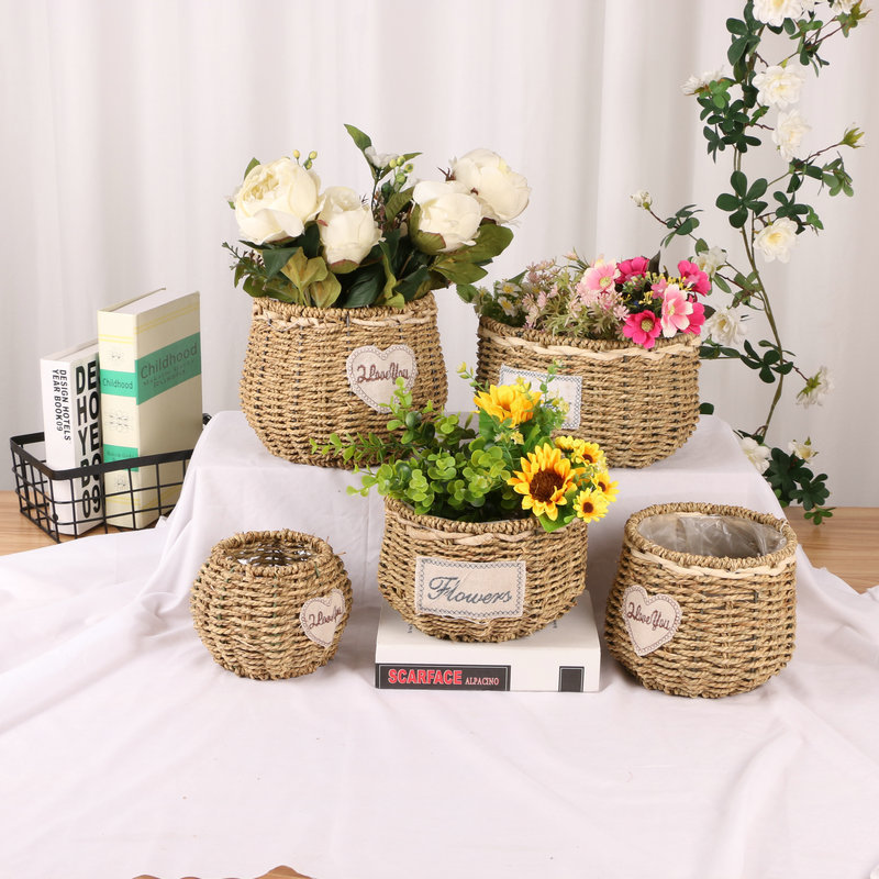Cesta de Flores Tejida a Mano de Hierba Natural, Decorativa, para Arreglos Florales y Fiestas