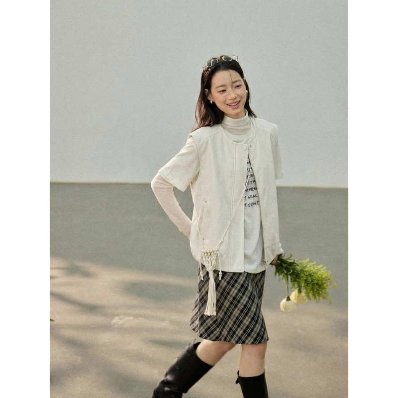 [Geming] Retro Round Neck Leather Jacket for Women, New Spring Style Sleeveless Vest Layered Top N0074D
