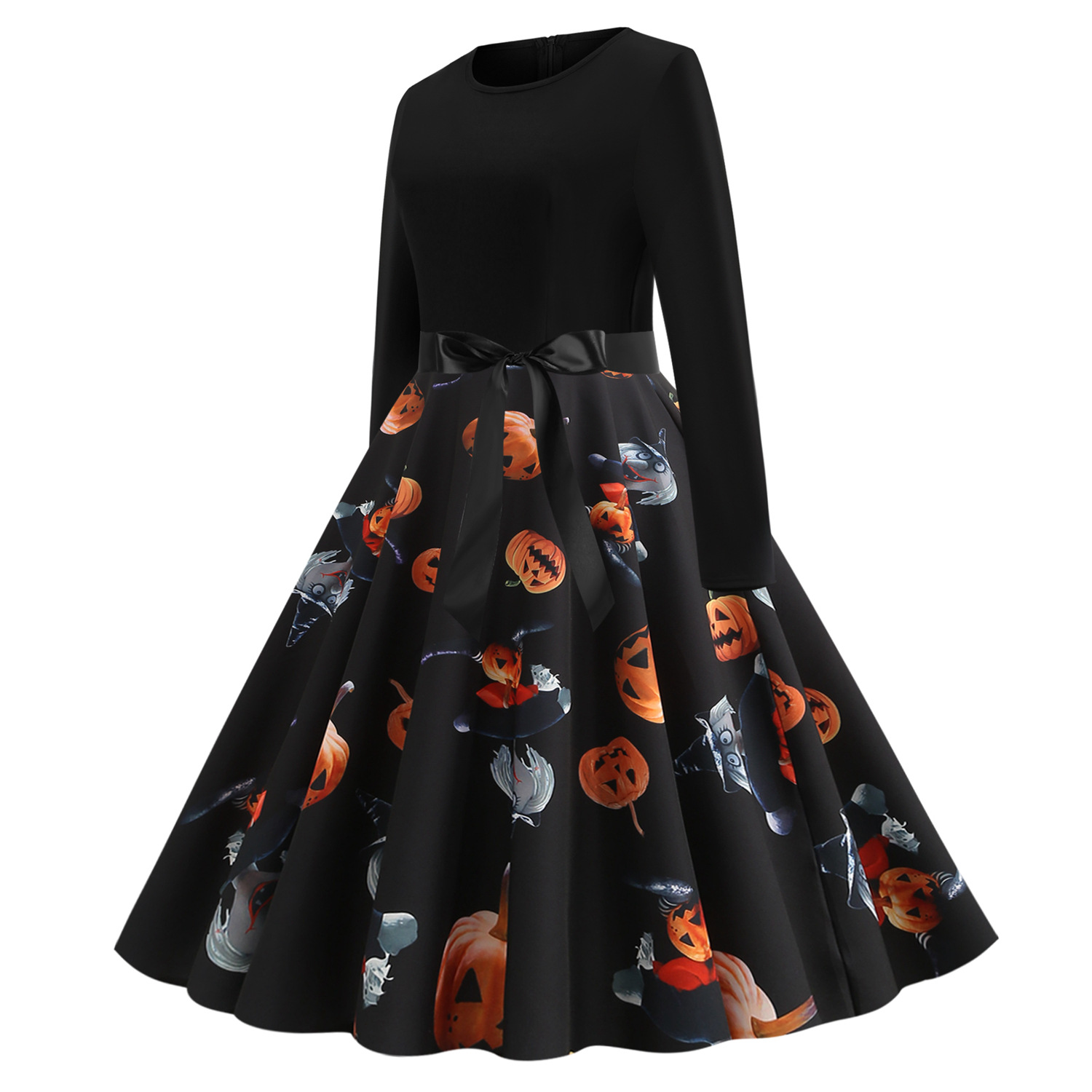Women s Round Neck Long Sleeve Printed Dress with Black Ribbon nihaostyles wholesale halloween costumes NSSAP78832