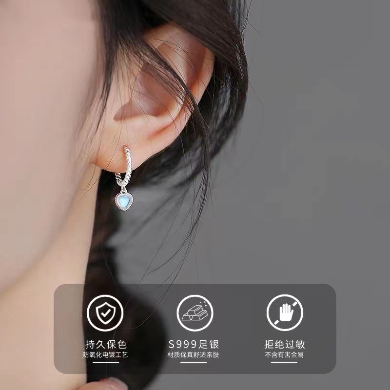 s999純銀愛心耳環女時尚復古心形月光石麻花耳扣ins潮耳飾品批發