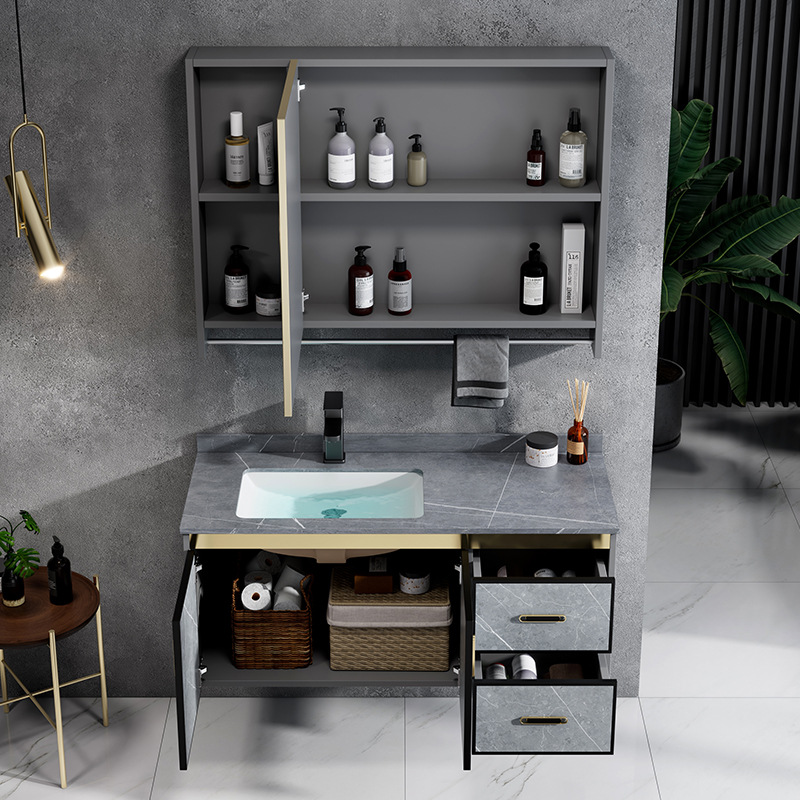 Combinación de gabinete de baño de aleación de aluminio espacio moderno lavabo de baño minimalista Placa de roca lavabo mesa de lavado integrada