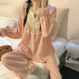 棉韩版夏季新款睡衣女套装小清新甜美公主风拼接蕾丝格子家居服
