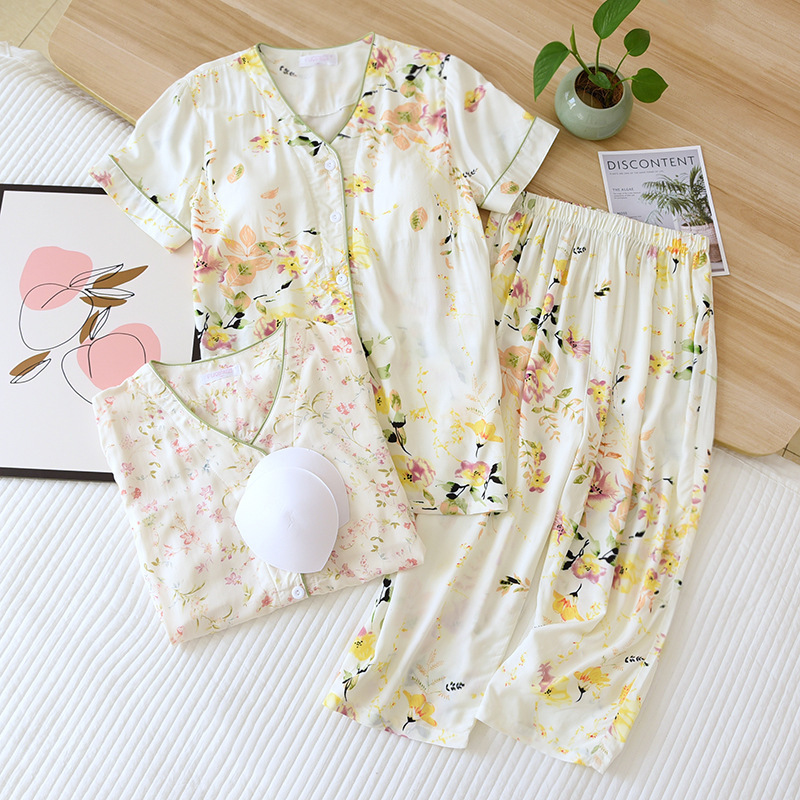 Summer Pajamas with Chest Pad Women's Cotton Short-sleeved Capri Pants Bra-free Thin Soft Cardigan Loose Cotton Silk Home Clothes Set