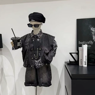 男童春秋款套装2026新款牛仔马甲长裤碎花衬衫韩版儿童洋气三件套