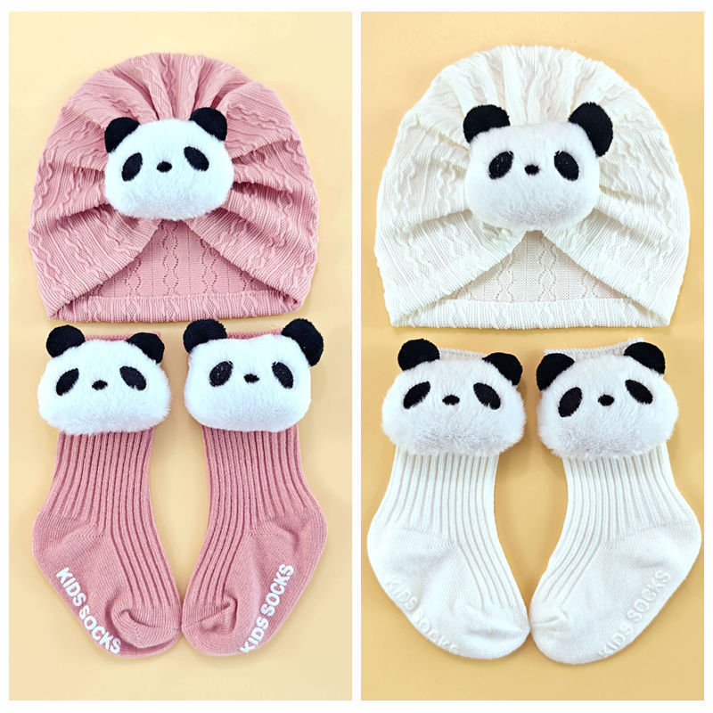 New Baby Hat and Socks Set Cross-Border Newborn Fetal Cap Baby Cartoon Turban Hat Children's Panda Hat