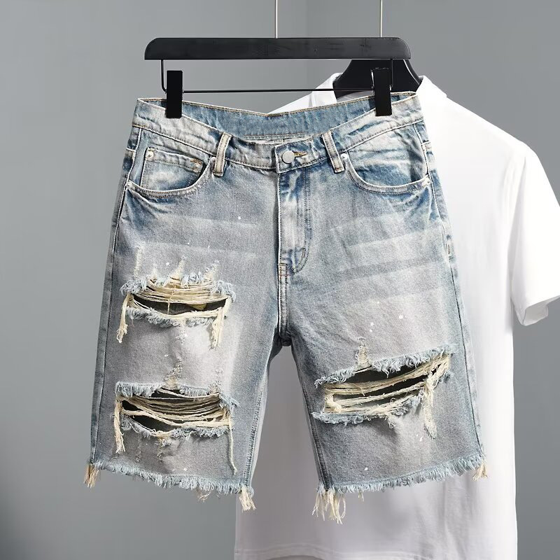 Vintage Ripped Denim Shorts for Men, Summer Trendy Straight-Cut Non-Stretch Distressed Shorts, Washed and Worn-Out Style, Knee-Length Vintage Ripped Denim Shorts for Men, Summer Trendy Straight-Cut Non-Stretch Distressed Shorts, Washed and Worn-Out Style, Knee-Length