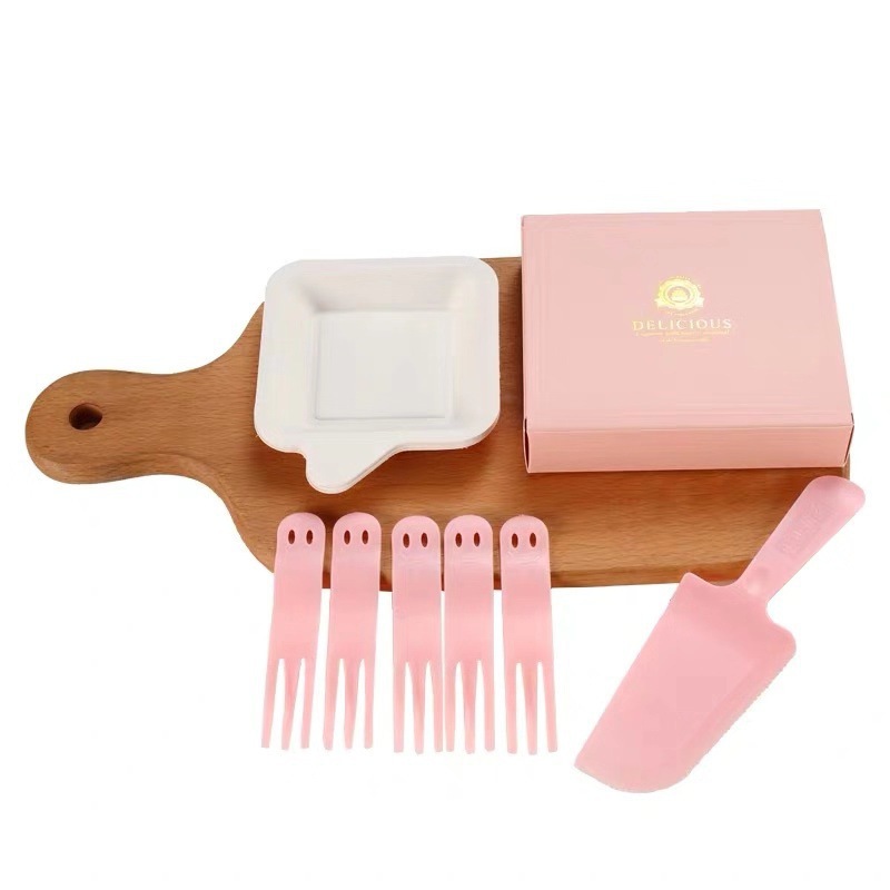 21-Invitado pastel vajilla cuchillo y tenedor placa traje cumpleaños desechable pastel cuchillo y tenedor Placa de papel 5-Persona caja de color
