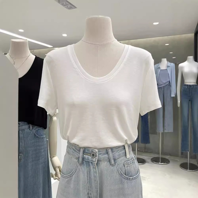 Basic Base Short-sleeved T-shirt Women's Summer New Solid Color Casual All-match Large Collar U-neck T-shirt Top