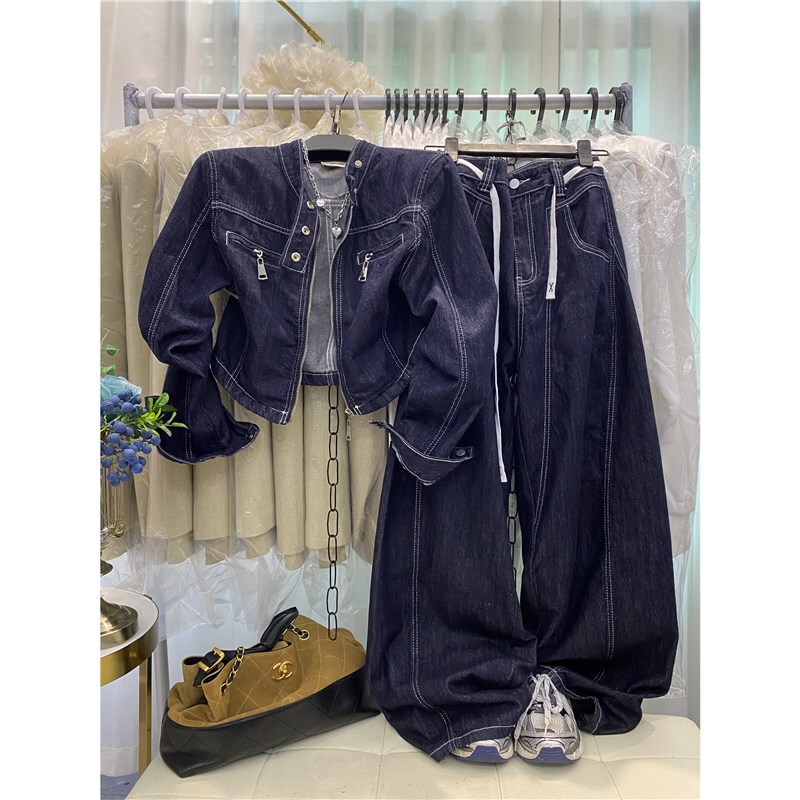 Korean Style New Round Neck Zipper Cardigan Denim Jacket Top Jacket with High Waist Slimming Wide Leg Pants Two-Piece Set for Women