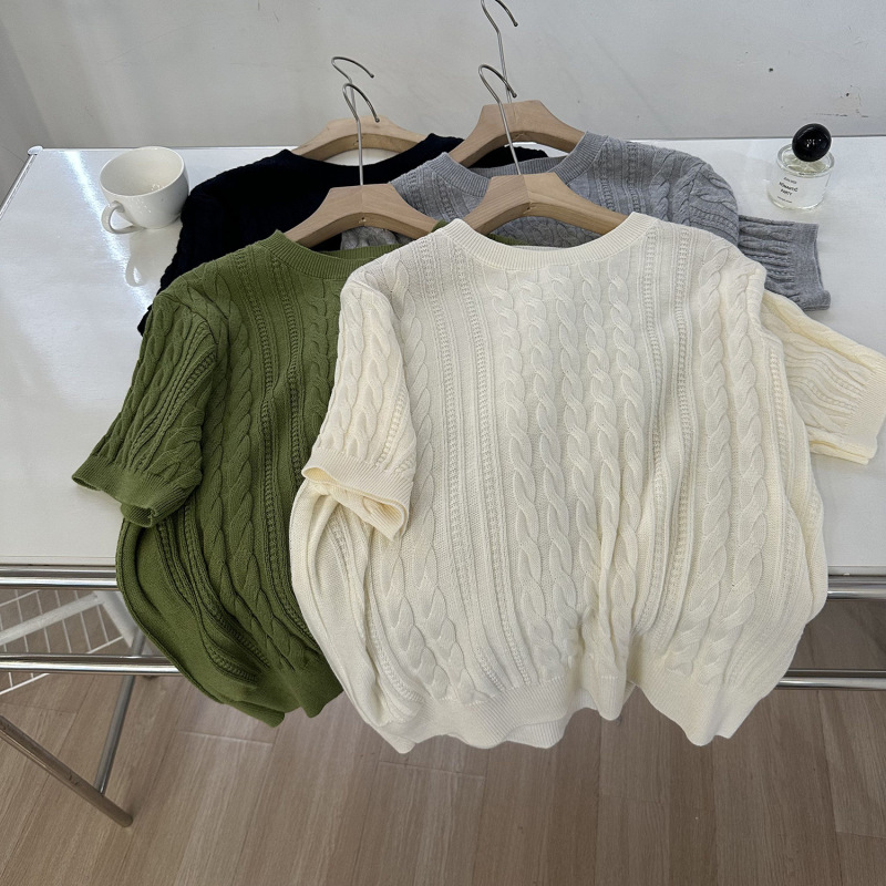 Silk, Wool, and Linen Cable Knit Round Neck Fine Knit Short-Sleeve Women's T-Shirt, 2026 Spring/Summer Korean Style, Elegant Fit for Petite Figures