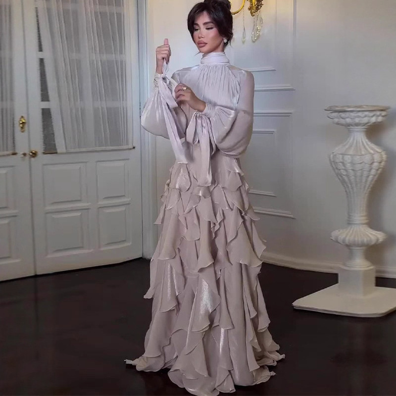 2025 New European and American Amazon Cross-Border Foreign Trade Women's Clothing Elegant and Fashionable Ruffled Slim Dress