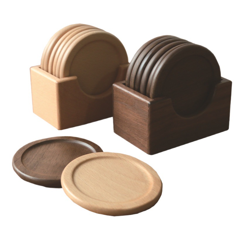 Traje de montaña de madera de estilo japonés Nogal Negro madera maciza mantel redondo almohadilla aislante 6 piezas en caja soporte inferior Logotipo de letras