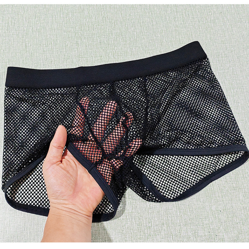 Foreign Trade Hot-Selling Men's Large Mesh Black Belt Underwear Elastic Breathable See-Through Sexy Boxer Briefs Manufacturer Now