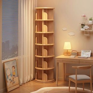 Solid Wood Rotating Bookshelf 360-Degree Kidsren's Locker Living Room Floor-Standing Storage Rack Bedroom Locker Corner Bookcase